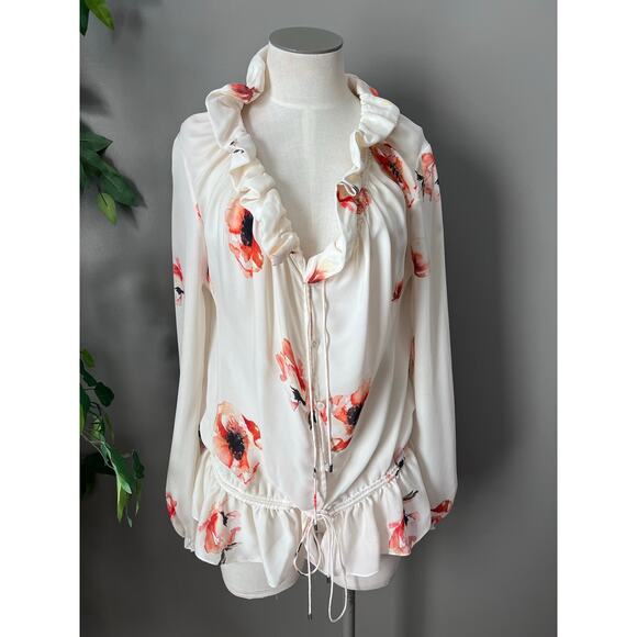 Haute Hippie Womens White Silk Boho Floral Ruffle Tie Button Down Blouse Sz S - Picture 1 of 12